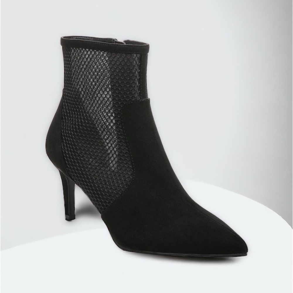 NWT ALFANI Black faux suede Mesh Pointed Toe Zip-Up Dress Booties Sz 8